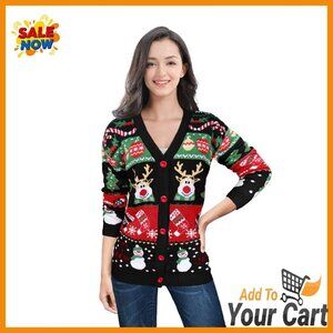 Funny Ugly Christmas Sweater Cardigan Knit Acrylic Oversized Holiday Party